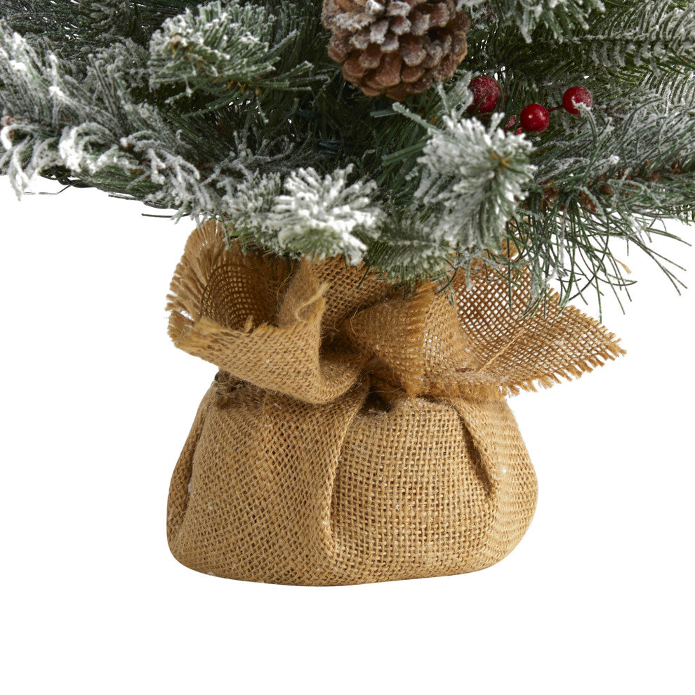 2' Flocked Faux Xmas Tree W/30 Lights, 73 Bendable Branches, Pinecones & Berries