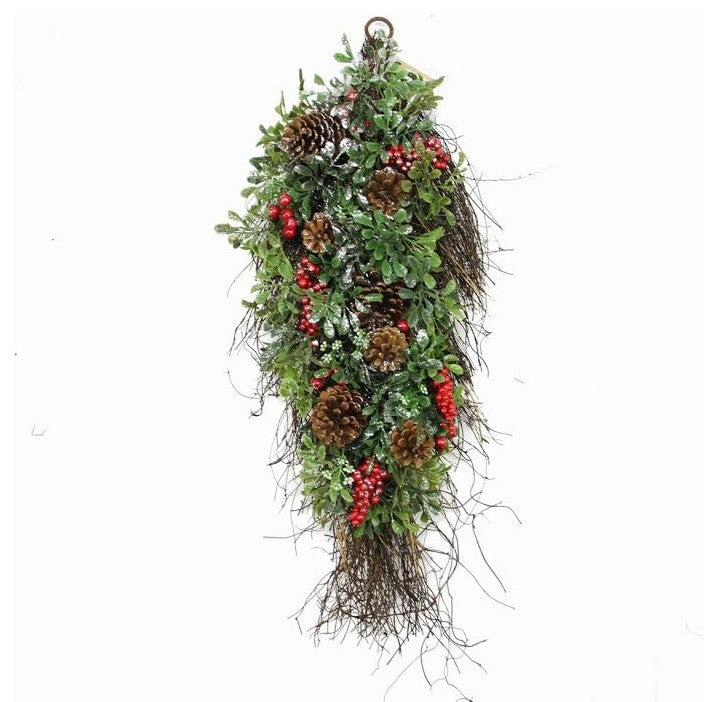 28" Glittered Artificial Boxwood Pine Cone and Red Berry Teardrop Swag