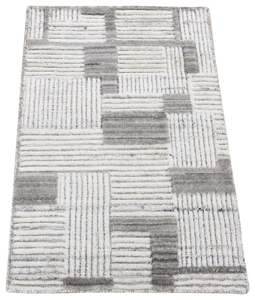 Light Gray Geometric Art Deco Style Pure Wool Hand Loomed Mat Rug, 2'0"x3'0"