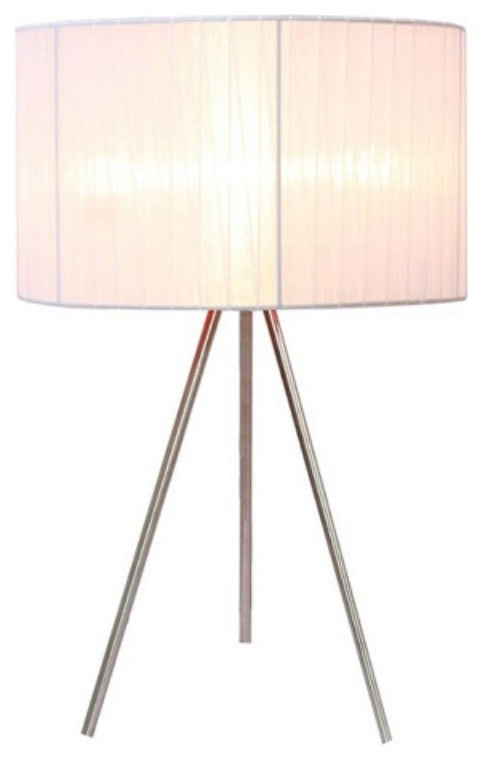 Simple Designs Brushed Nickel Tripod Table Lamp, Pleated Silk Sheer White Shade