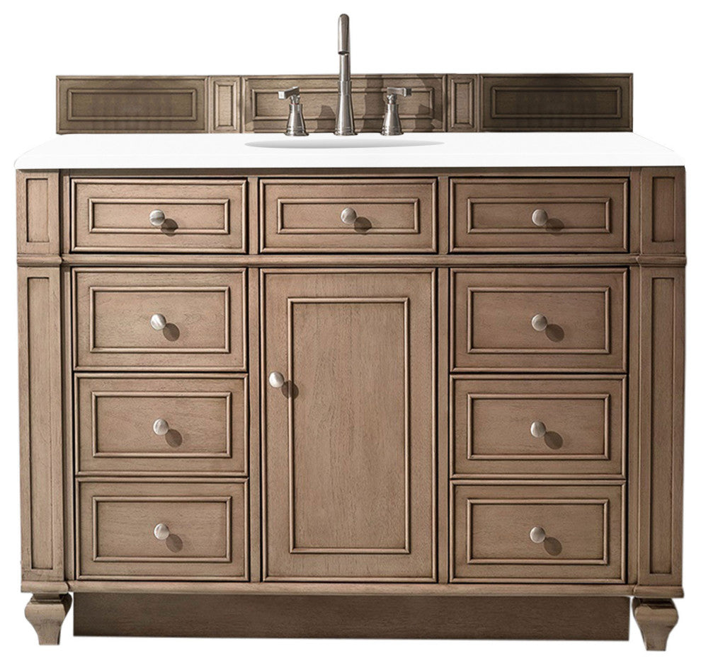 Bristol 48" Single Vanity, Whitewashed Walnut, W/ 3 Cm Classic White Quartz Top