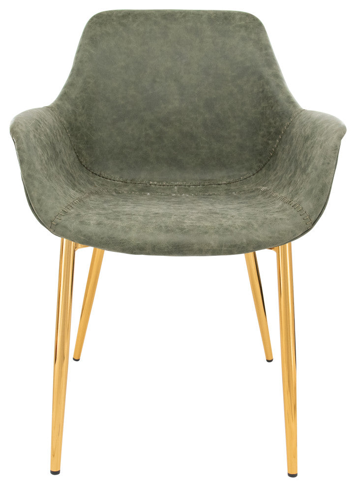 LeisureMod Markley Modern Leather Dining Armchair With Gold Legs, Olive Green