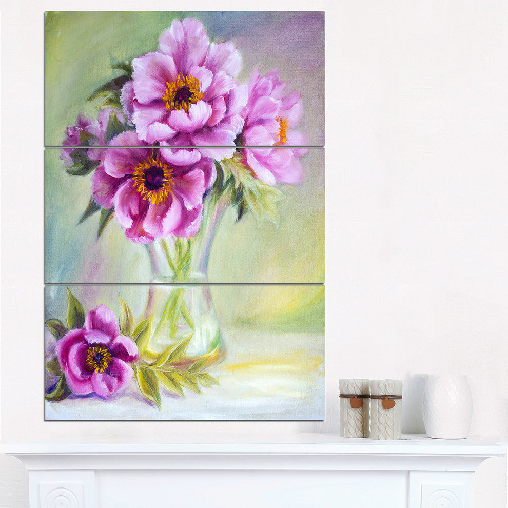 "Purple Peonies in Vase" Glossy Metal Wall Art, 3 Panels, 28"x36"