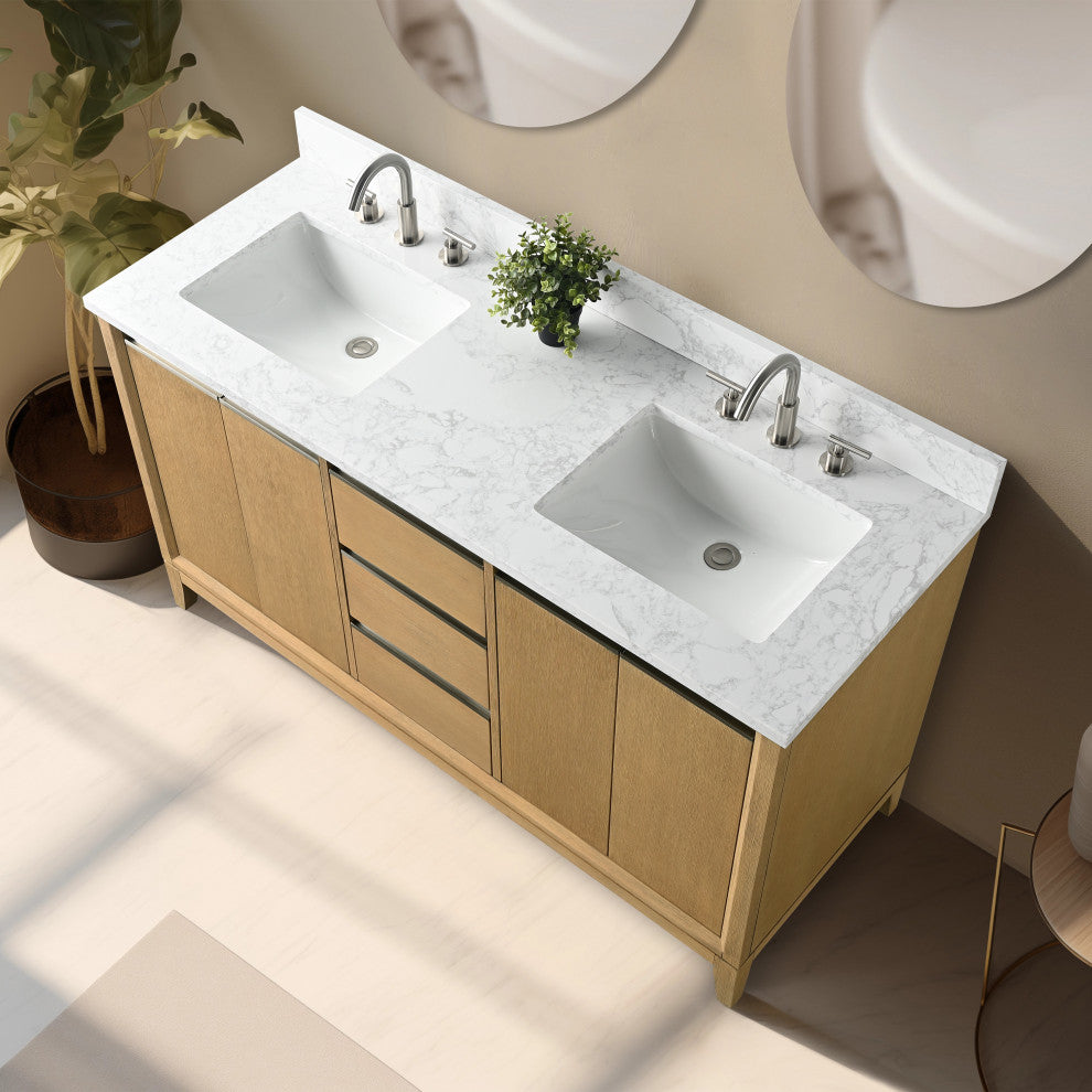 Vanity Art Bathroom Vanity With Sink, Natural Oak, 60" Double