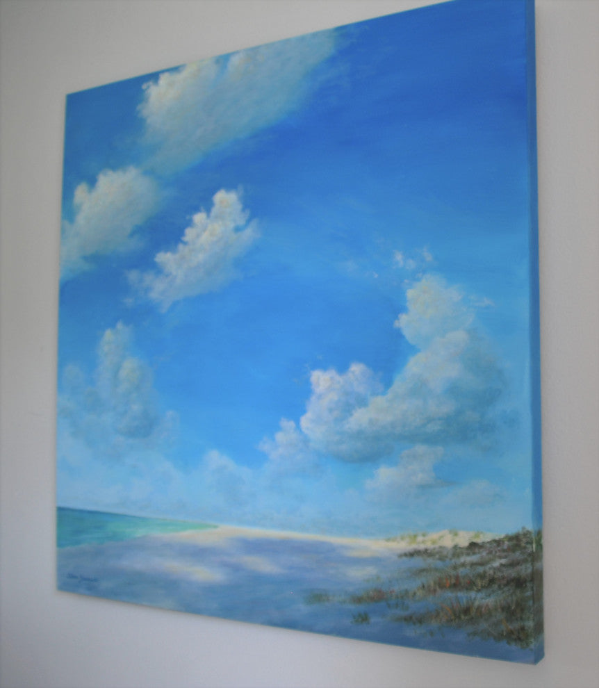Large Original Beach Seascape Painting With Billowing Clouds