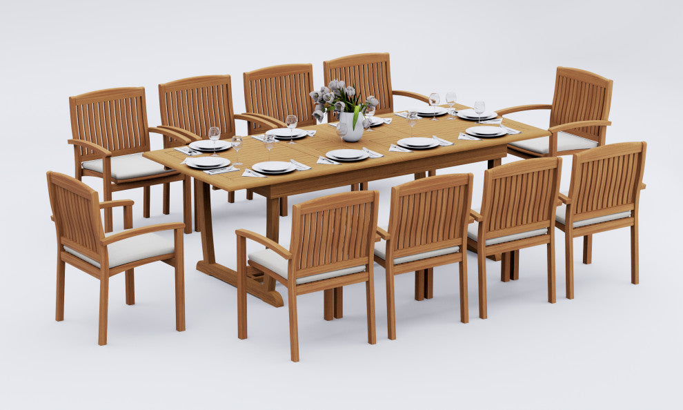 11-Piece Outdoor Teak Dining Set: 94" Rectangle Table, 10-Wave Stacking Chairs