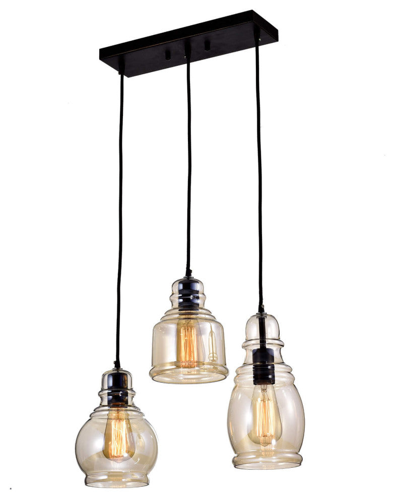 Lynn 3-Light Cognac Glass Cluster Pendant, Antique Black
