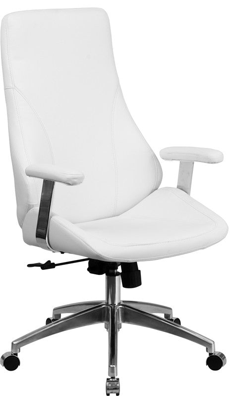 High Back White Leather Executive Swivel Chair With Arms