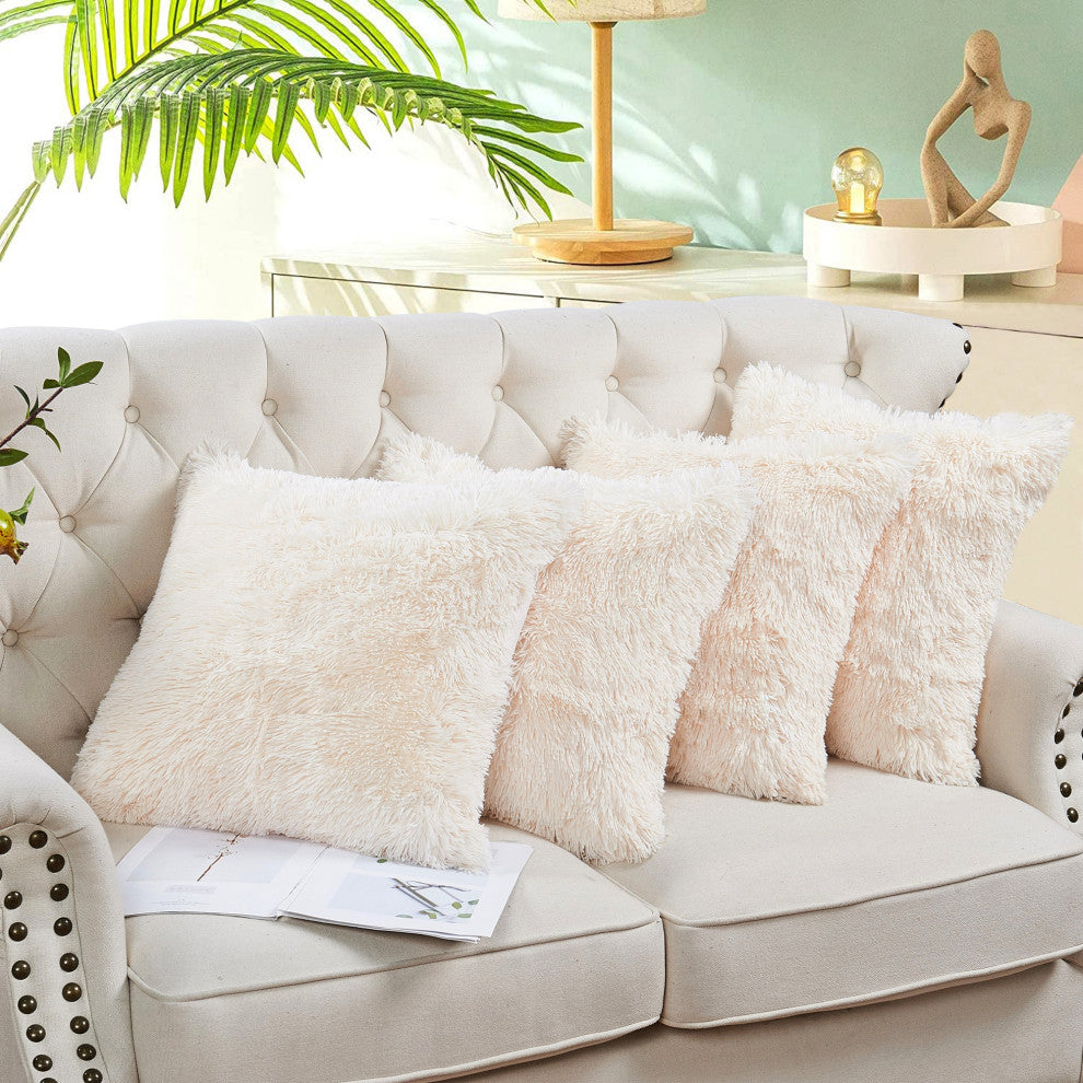 Shaggy Faux Fur Pillow Cover, Ivory, Set of 4, 20"x20"