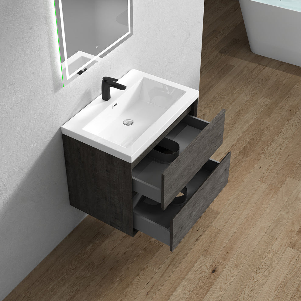 Kingdee Smoke Oak Wall Mounted Vanity With Reinforced Acrylic Sink, 30''
