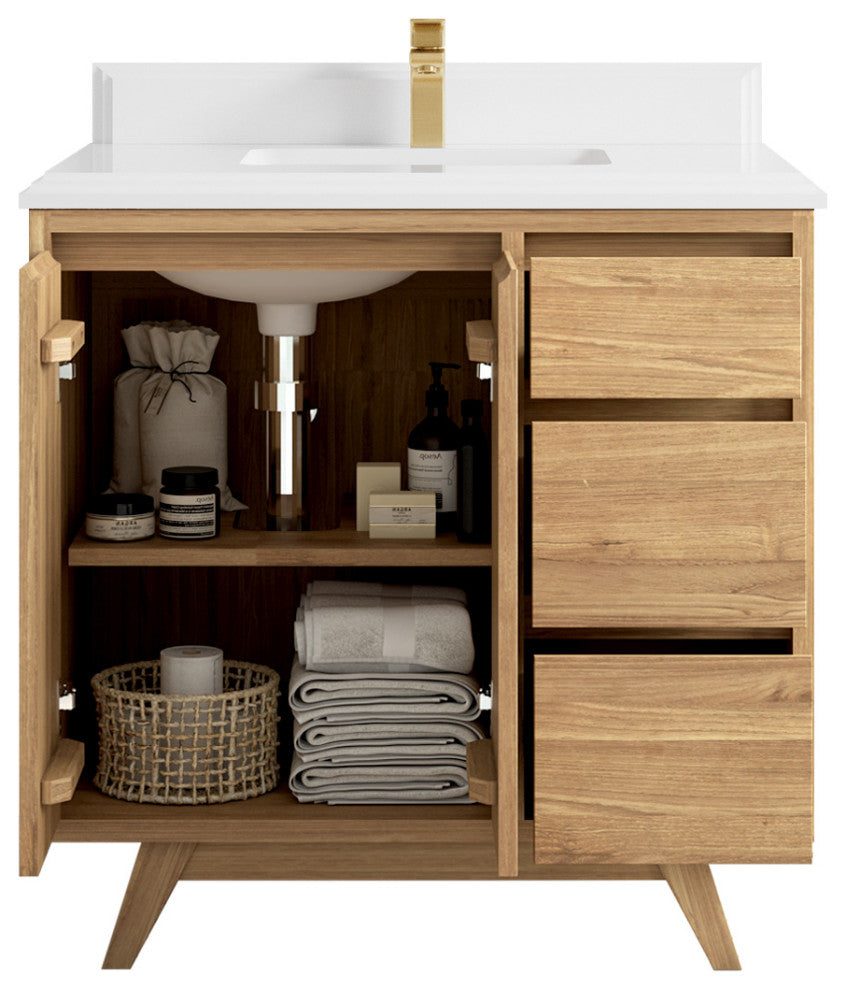 Madison Teak 36 Center Sink Bath Vanity in Light Natural 1.5" White Quartz