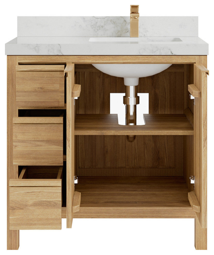 Elizabeth 36 Right Offset Bath Vanity in Light Natural Teak 2" Calacatta Nuvo