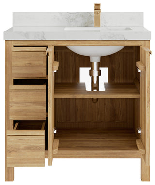 Elizabeth 36 Right Offset Bath Vanity in Light Natural Teak 2" Calacatta Nuvo