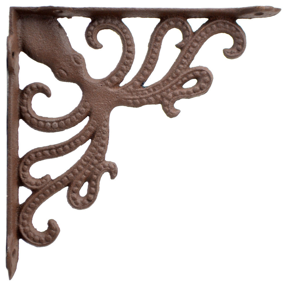 Nautical Shelf Bracket, Octopus, Rust Brown Cast Iron, 7.75" Deep