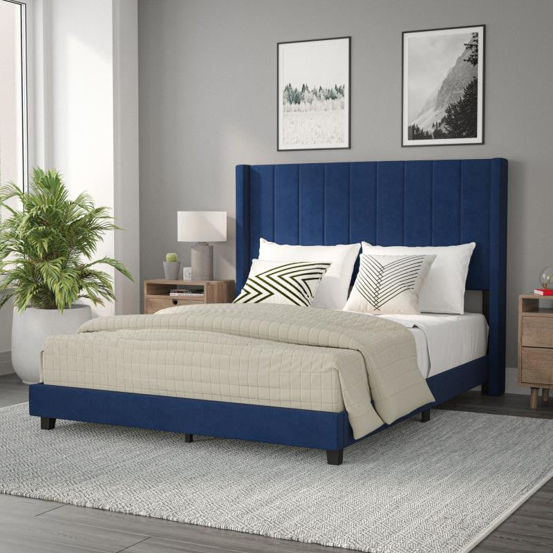 Bianca Upholstered Platform Bed w/Vertical Stitched Wingback Headboard, Navy Velvet, Queen