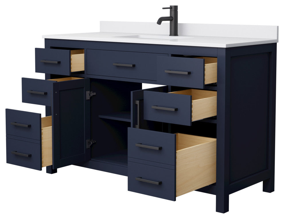 54"SGL Bathroom Vanity Dark Blue, White Cult.Marble Countertop, Sink, Black Trim