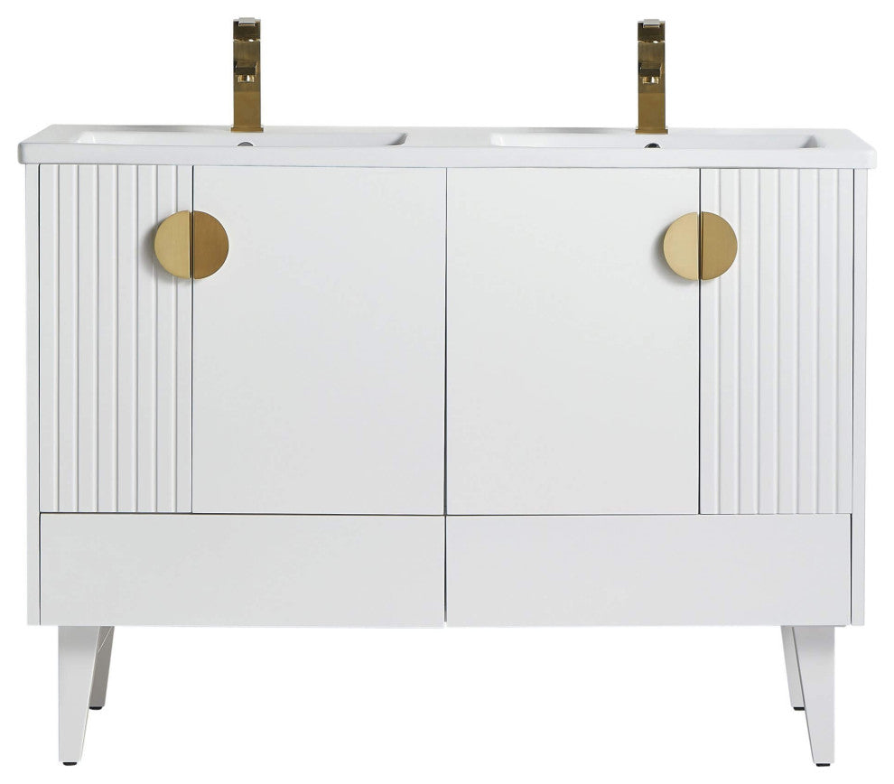 Venezian Single Bathroom Vanity, White, 48", Satin Brass Handles, Two Sinks