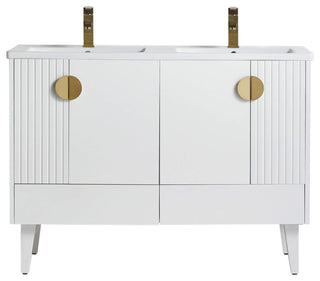 Venezian Single Bathroom Vanity, White, 48", Satin Brass Handles, Two Sinks