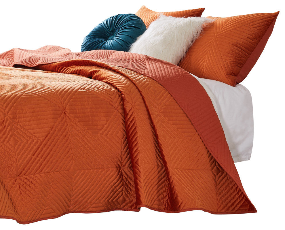 Benzara BM280413 3 Piece Velvet King Quilt Set, Diamond Quilting Design, Orange
