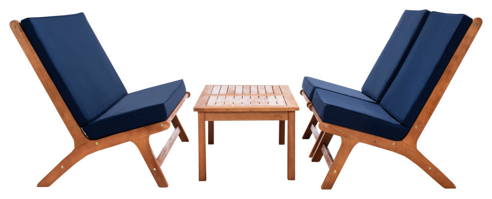 Safavieh Chaston Indoor-Outdoor 4-Piece Living Set, Natural Wood/Navy Cushion