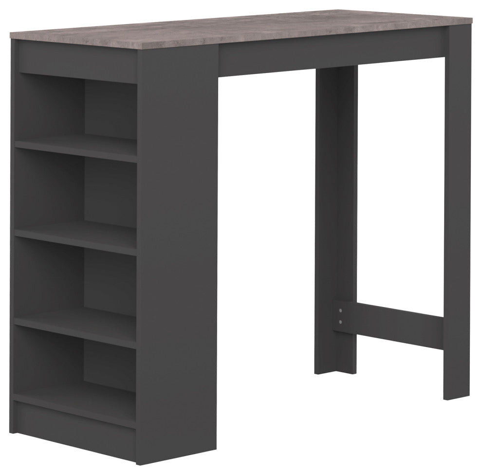 Contemporary Wood Small Bar Table With Shelving, Black/Faux Concrete