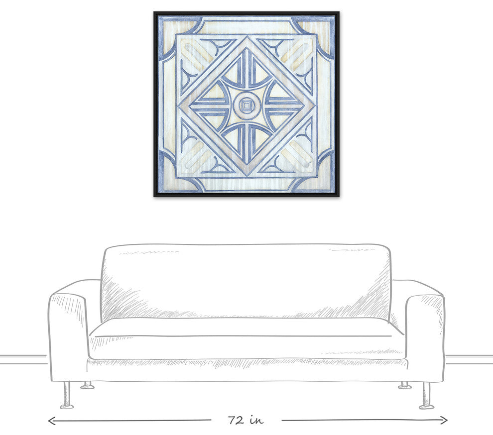 Blue and White Watercolor Tile 36x36 Black Floating Framed Canvas