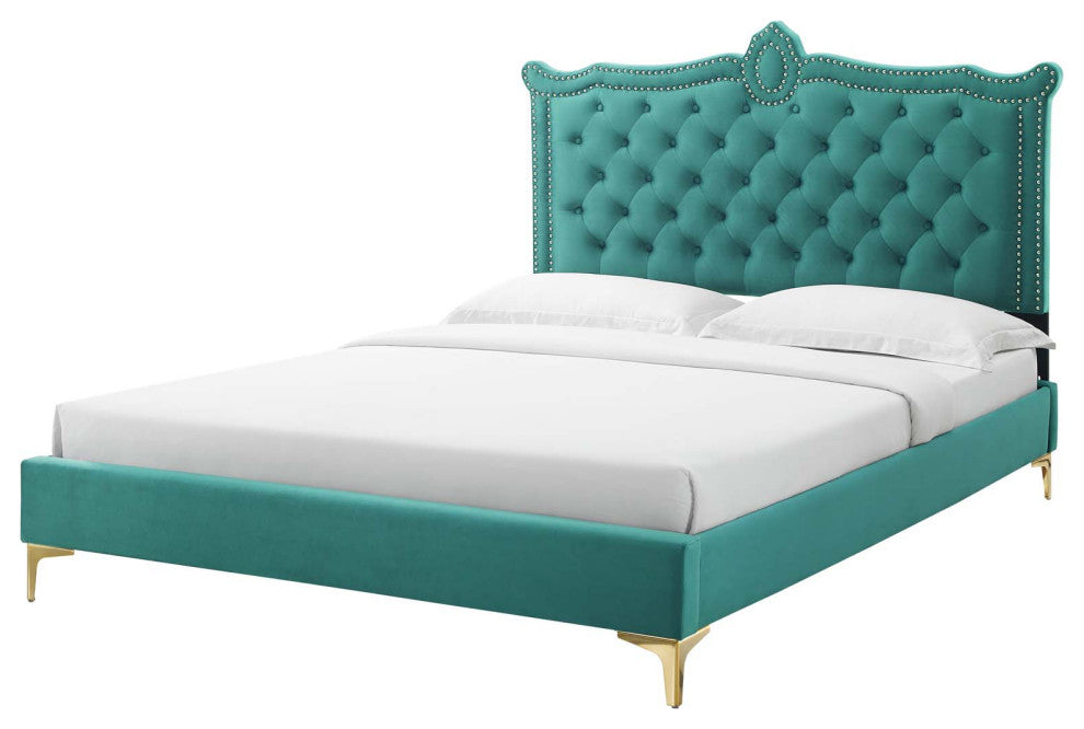 Platform Bed Frame, Nailhead, Queen Size, Teal Blue, Velvet, Modern