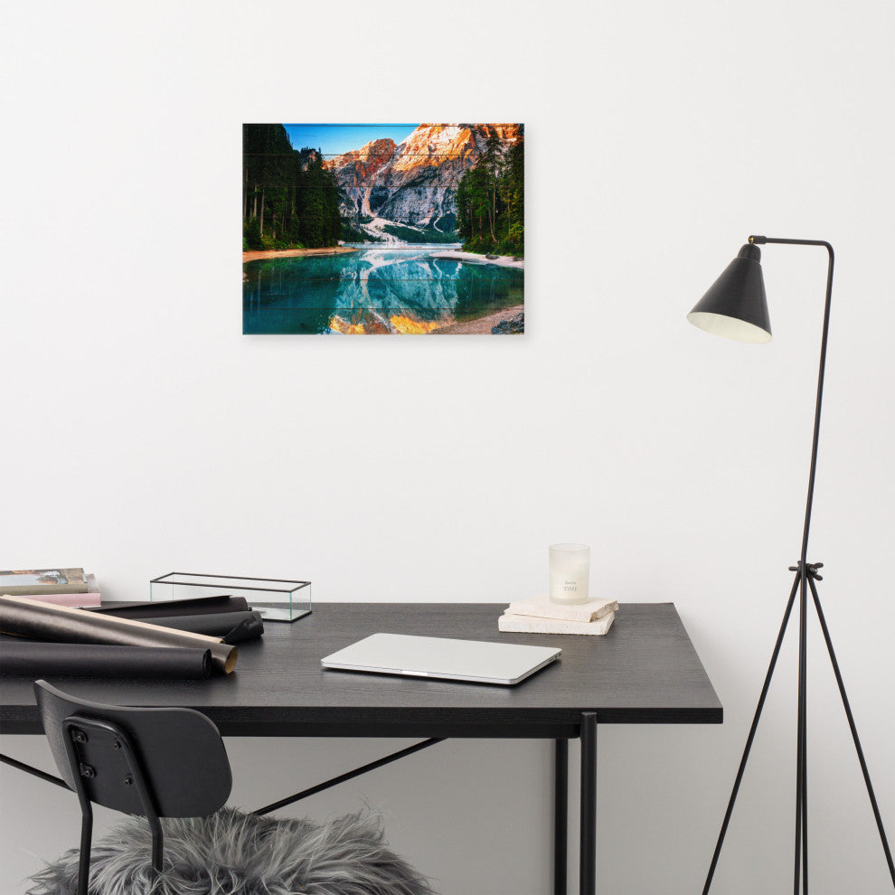 Faux Wood Misty Lake and Snow-cap Mountain Reflections Canvas Prints, 18" X 24"