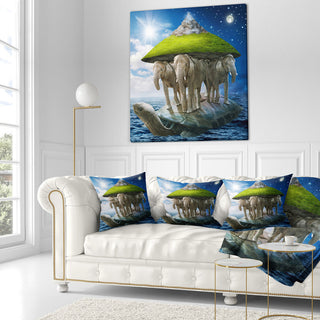 Giant Turtle Carrying Elephants Abstract Throw Pillow, 18"x18"