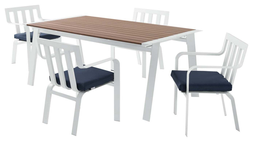 Side Dining Chair and Table Set, Aluminum, Metal, White Blue Navy, Outdoor