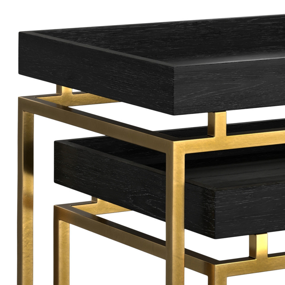 Macy Solid Mango Wood 2 Pc Nesting Table, Black, Gold