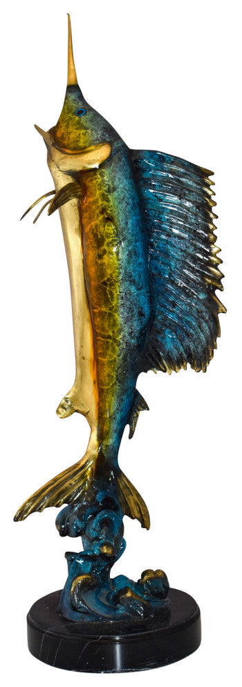 Upright Fierce Marlin Jumping Off the Water Bronze Statue  Size: 12" x 8" x 30