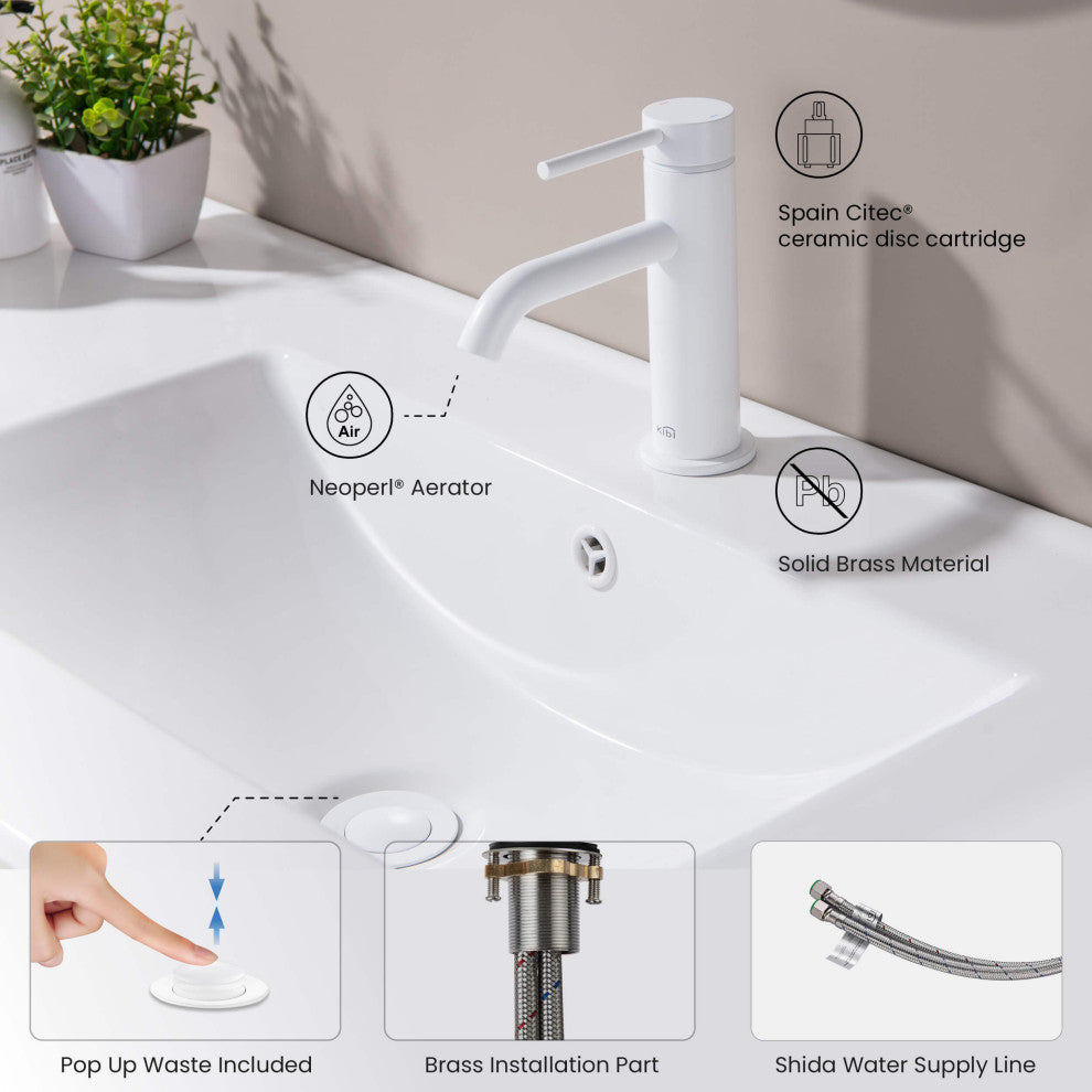Circular Brass Single Handle Bathroom Faucet KBF1008, Matte White,, Drain