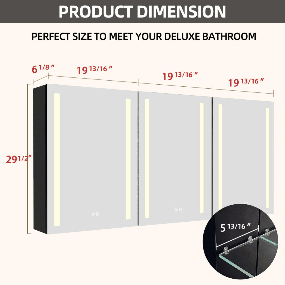 60"x30" Surface Mount Frameless Aluminum LED Medicine Cabinet With Anti-Fogger