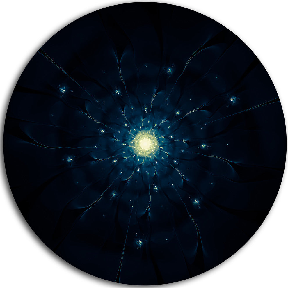 Glowing Fractal Flower Blue On Black, Floral Disc Metal Wall Art, 23"