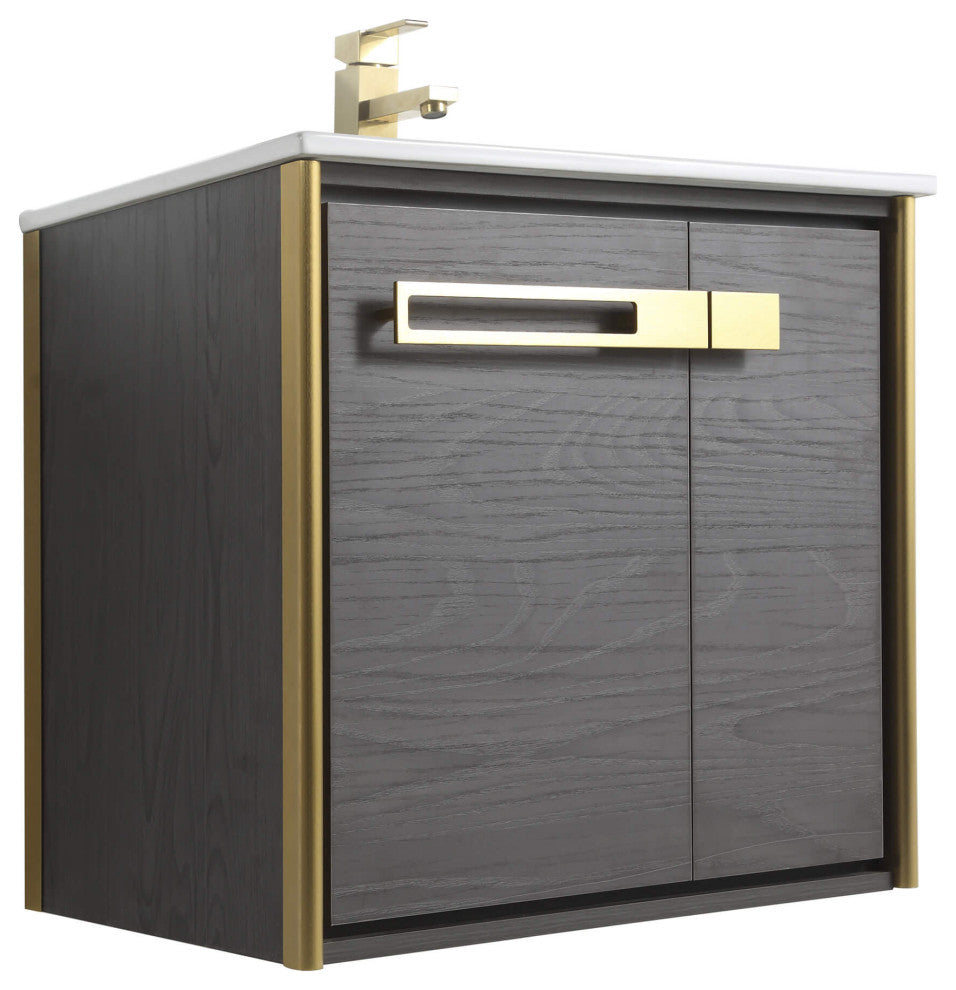 Oakville Wall Mount Bathroom Vanity, Black Coal Oak, 24", Satin Brass Hardware