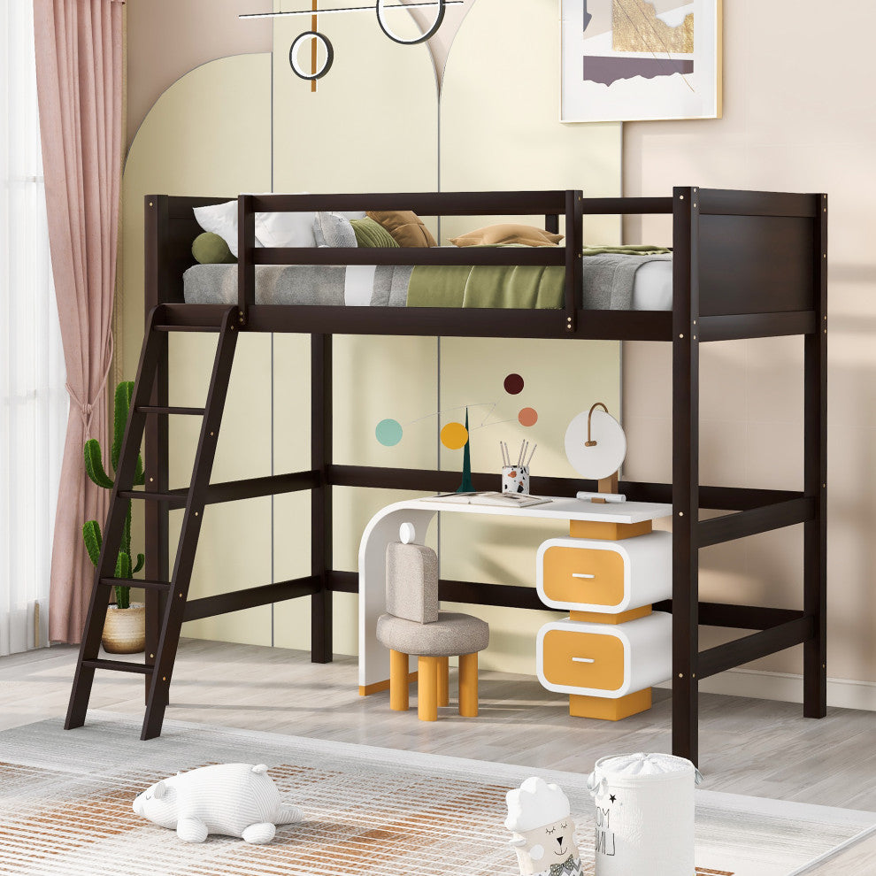 Gewnee Solid Wood Twin Size Loft Bed with Ladder in Espresso