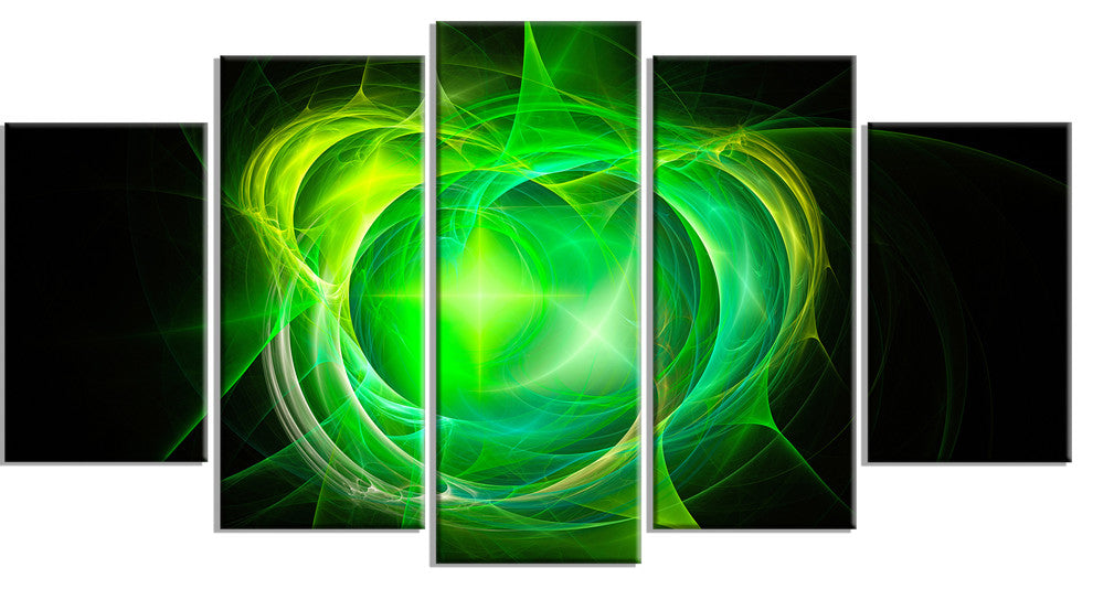 Green Fractal Explosion Supernova, Abstract Canvas Art Print, 60"x32", 5 Panels