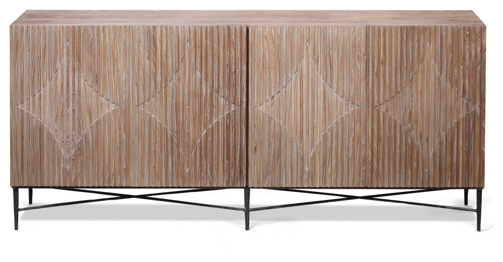 Zander 79" Carved Elm Wood Sideboard With Hand-Forged Iron Base