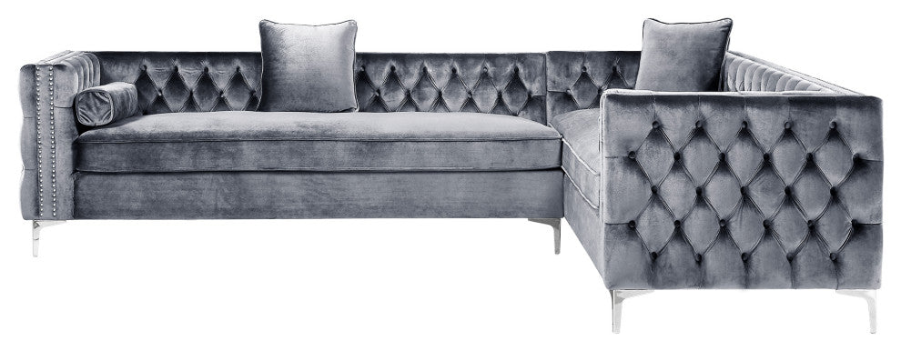 Jeannie 120" Velvet Corner Sectional Sofa, Gray, Right Facing