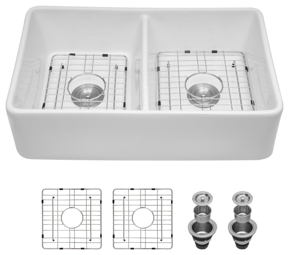 White Ceramic 32 in. Double Bowl Farmhouse Apron Kitchen Sink with Bottom Grid