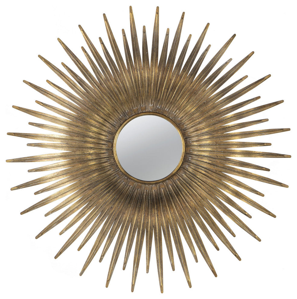 Benzara BM286103 Wall Mount Accent Mirror With Sunburst Iron Frame, Gold