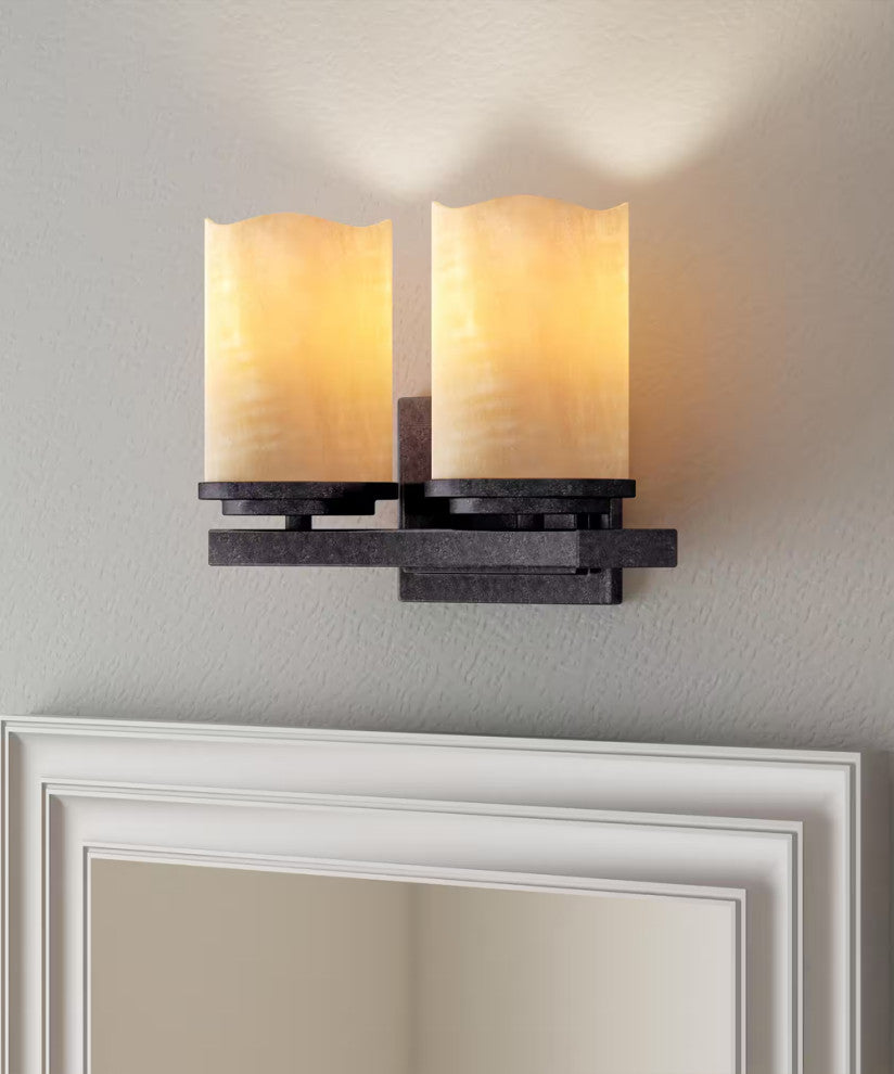 Luminous 11"W 2-Light Bath Vanity Rustic Ebony Finish, Stone Alabaster Shades by