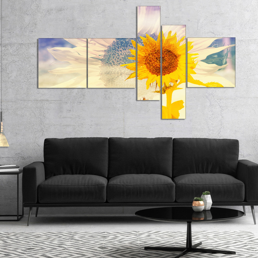 Double Exposure Yellow Sunflowers, Floral Canvas Art Print, 60"x32", 5 panels