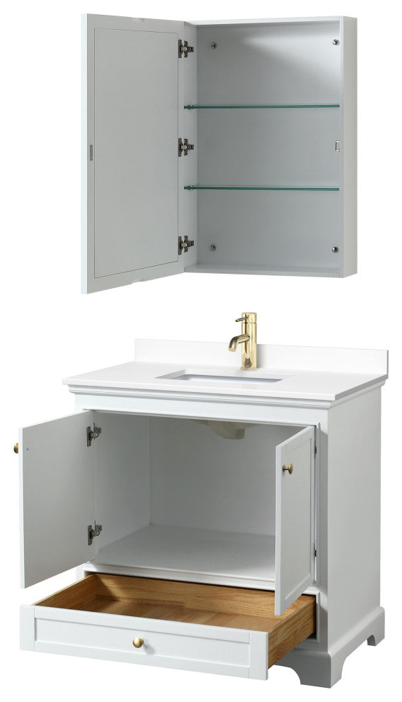 36"SGL Vanity White, White Cult. Marble Countertop, Sink, Gold Trim, Med.Cabinet