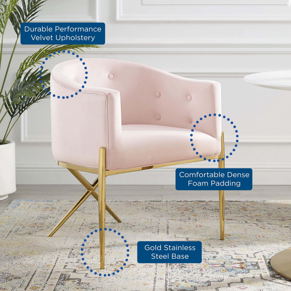 Tufted Side Dining Chair, Velvet, Metal, Pink, Modern, Cafe Bistro Restaurant