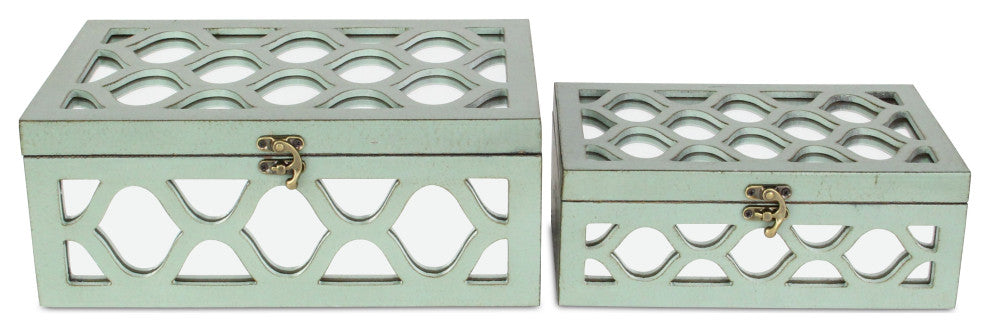Moroccan Mirrored Wooden Boxes, Blue, Set of 2, Blue