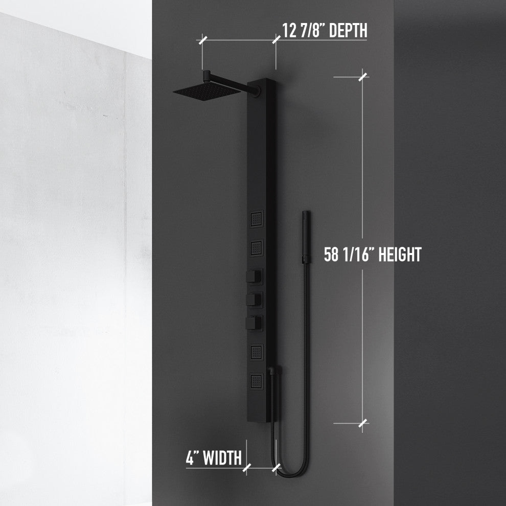 Sutton 58" H x 4" W 4-Jet Shower Panel with Square Shower Head, Matte Black
