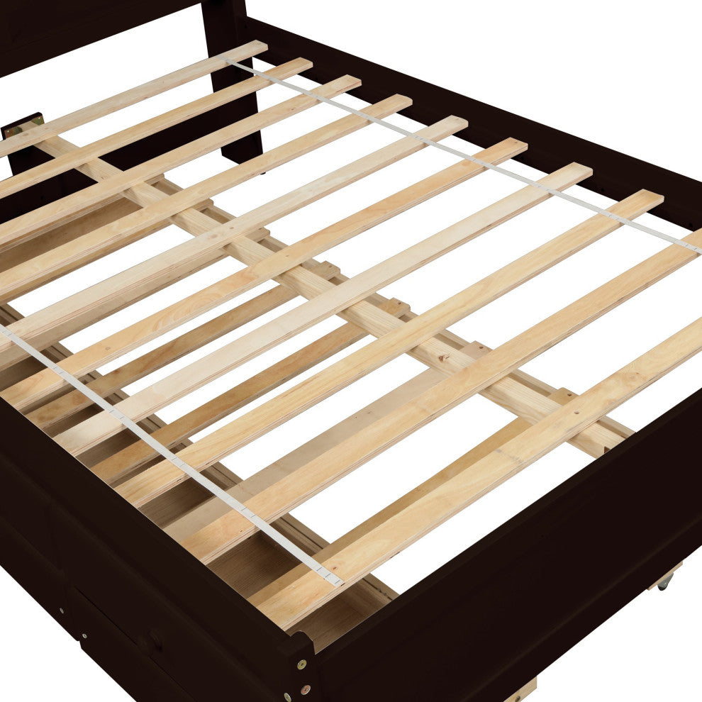 Full/Twin Wood Frame Platform Bed with Trundle and Drawers, Espresso, Full
