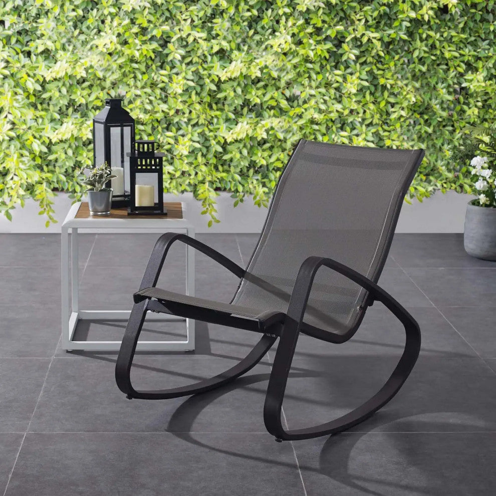 Modern Outdoor Rocking Chair, Aluminum Frame With Curved Sling Mesh Seat, Espresso